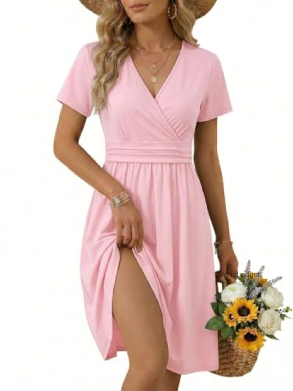 OUGES Casual Summer Dress for Women Wrap V Neck A Line Midi Dresses with Pockets